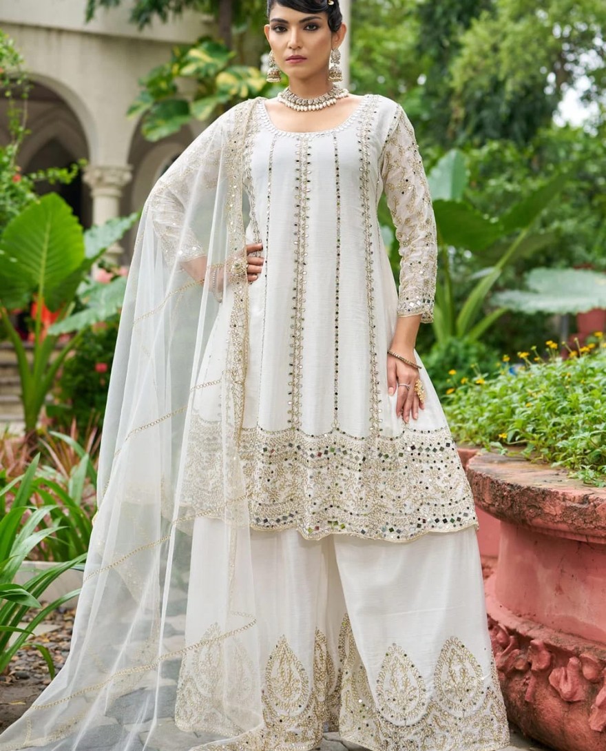 WHITE - Chinon Palazzo Salwar Suit In White Colour